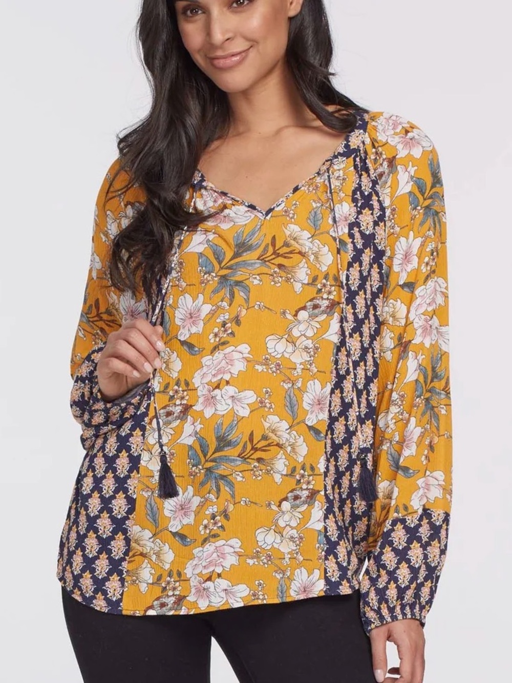Tribal Mustard Floral Mixed-Print Peasant Blouse